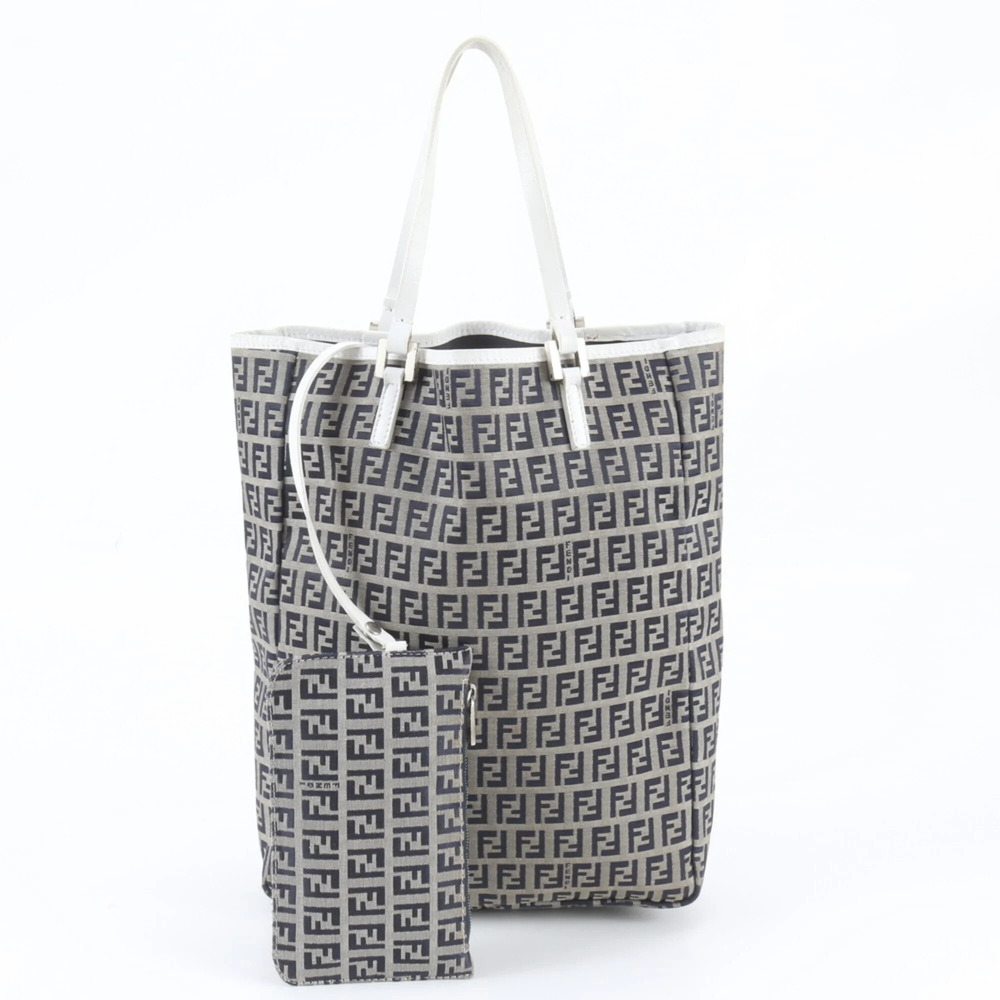 Fendi Zucchino FF Leather Canvas Tote Bag Shoulder Navy Blue Women's